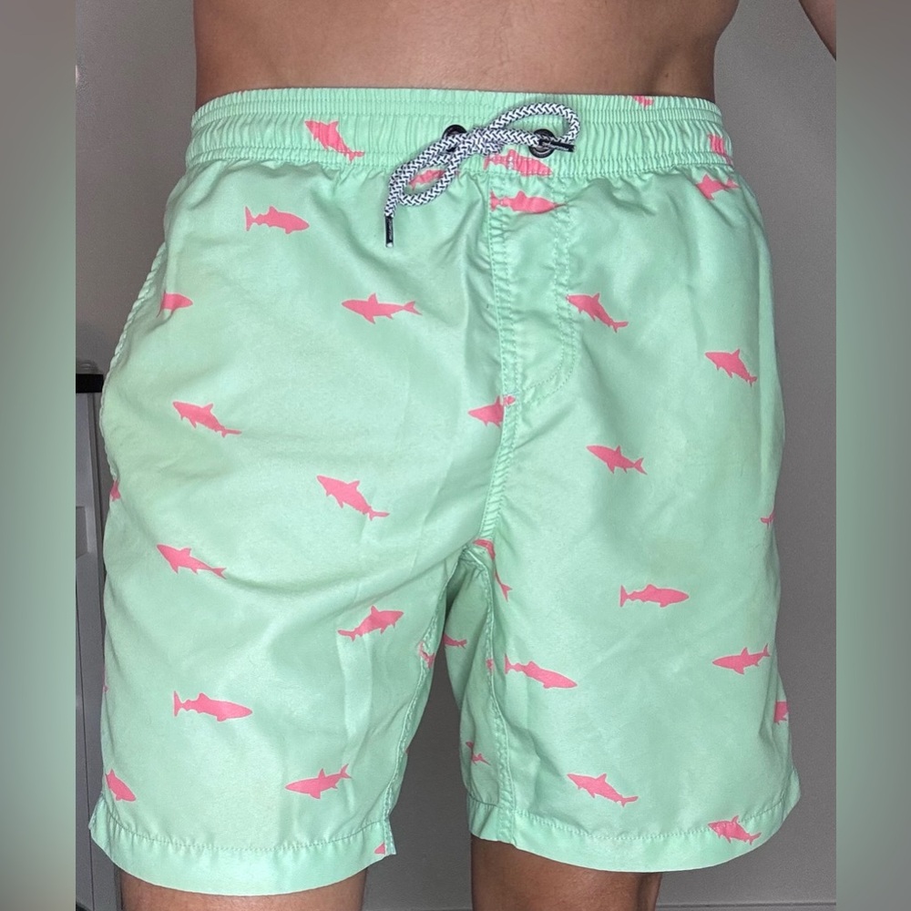Mint Green Maamgic Swim Shorts with Pink Shark Pattern
